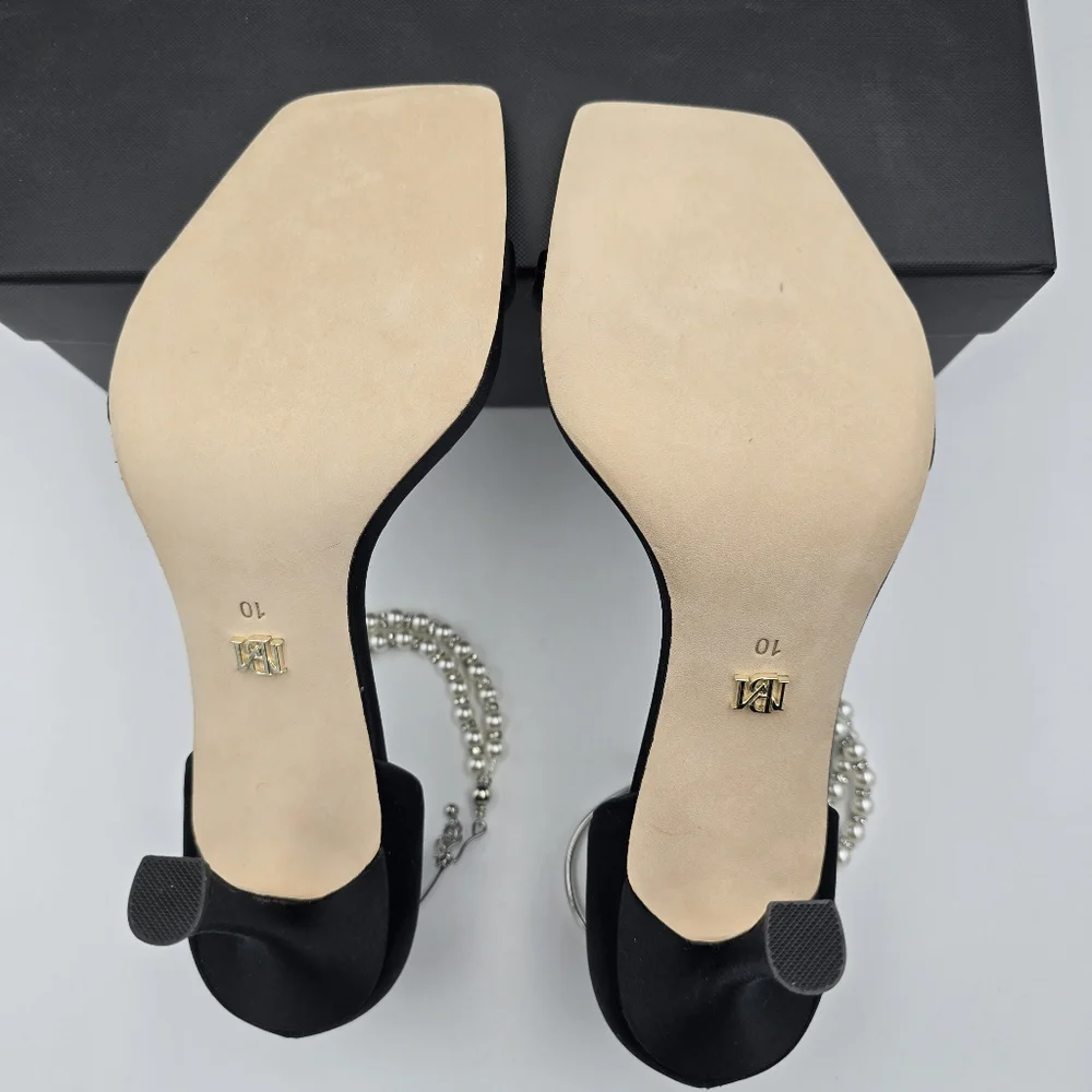 NIB Badgley Mischka Loretta Dual Pearl Strap Stiletto Heel Sandals, Black Satin - Picture 13 of 16